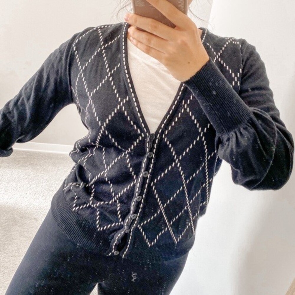Escada Wool Cardigan Sweater Black White Argyle Button Front Vintage V-Neck 38